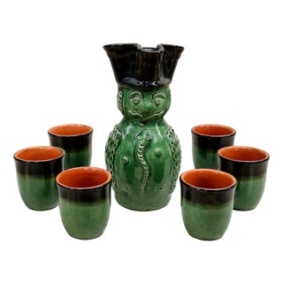 Vintage Hungarian Ceramic Figural Decanter Set with Cups, 1960s, Set of 7 For Sale