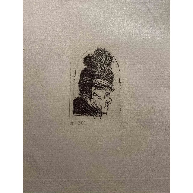 Grotesque Profile of Man with High Hat is an etching on ivory-colored paper realized after an etching by Rembrandt. The...