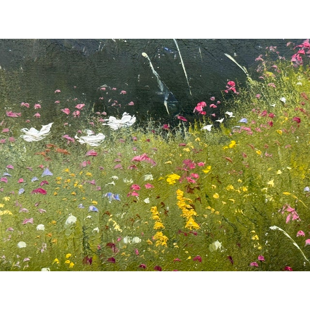 English Summer Meadow Scene with Wildflowers & Trees in a serene English Countryside 1991 For Sale - Image 3 of 16