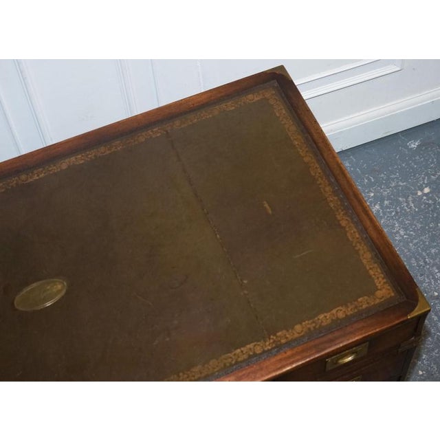 Military Campaign Twin Pedestal Desk with Aged Green Leather Top from Bevan Funell For Sale - Image 9 of 14