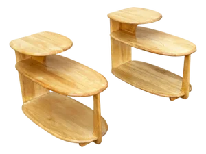 MCM C3753 3-Tier Blonde Surfboard End Table Pair by Heywood Wakefield, 1941