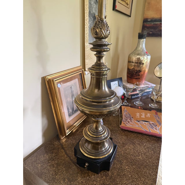 Curated Pair of Monumental Vintage Stiffel Neoclassical Brass Table Lamps With Custom Black Shades For Sale - Image 6 of 11