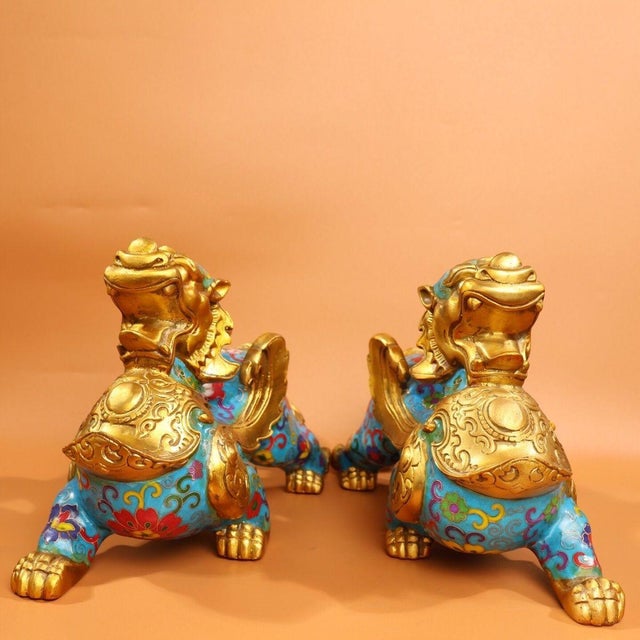 Asian Late 19th Century Pair of Cloisonné Enamel Guardian Lion Figurines, 4890g Total, Gilt Bronze For Sale - Image 3 of 10