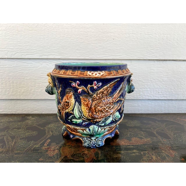Antique Majolica Bird Planter Cache Pot Jardinière Cobalt Blue Wasmuël C1890 For Sale - Image 10 of 18