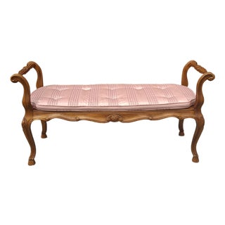 Late 20th Century Provincial Style Fruitwood and Caned Seat Upholstered Bench For Sale