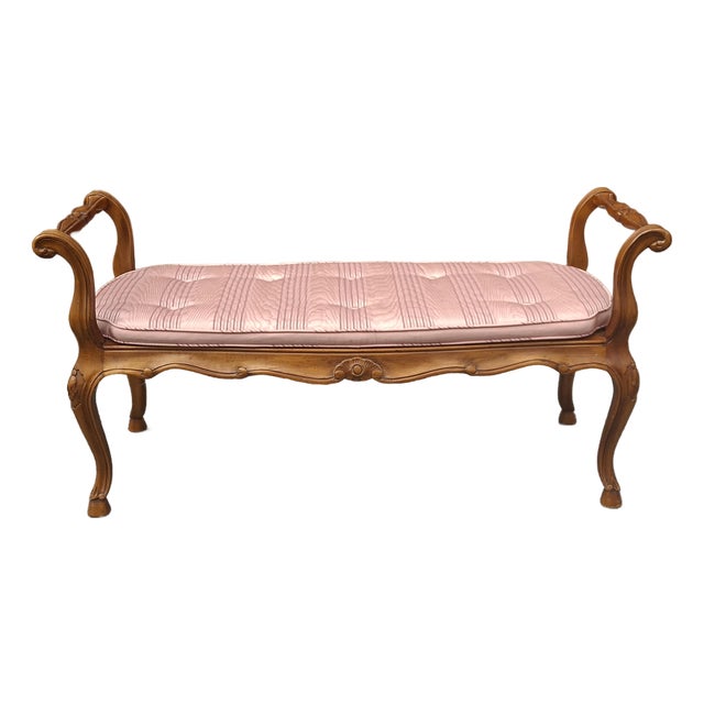 Late 20th Century Provincial Style Fruitwood and Caned Seat Upholstered Bench For Sale