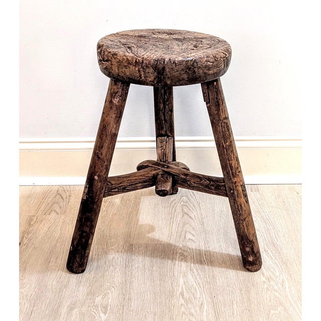 Chinese Antique Primitive Chinese Elm Wood Stool - 1920s Wabi-Sabi For Sale - Image 3 of 13
