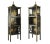 A pair of vintage Louis XVI-style chinoiserie display cabinets featuring pagoda-shaped tops, three shelves, and black...