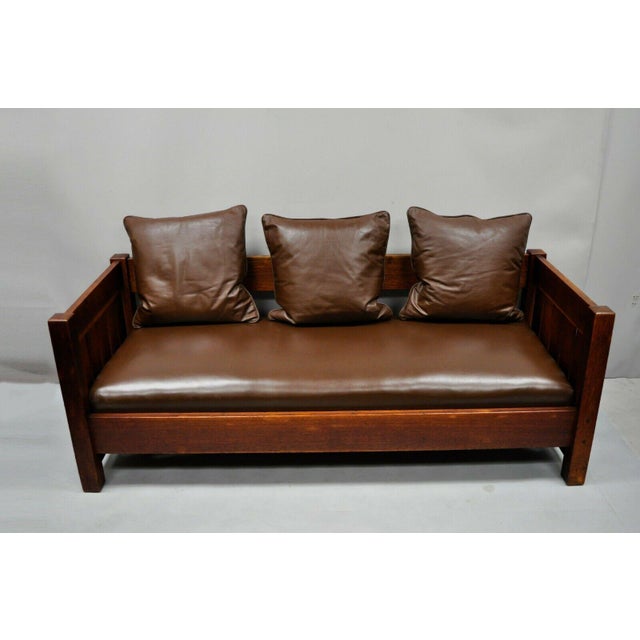 20th Century Vintage Gustav Stickley Settle 225 Even Arm Brown Leather Sofa