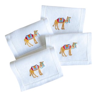 Hand Embroidered Camel Cocktail Napkins- Set of 4 For Sale