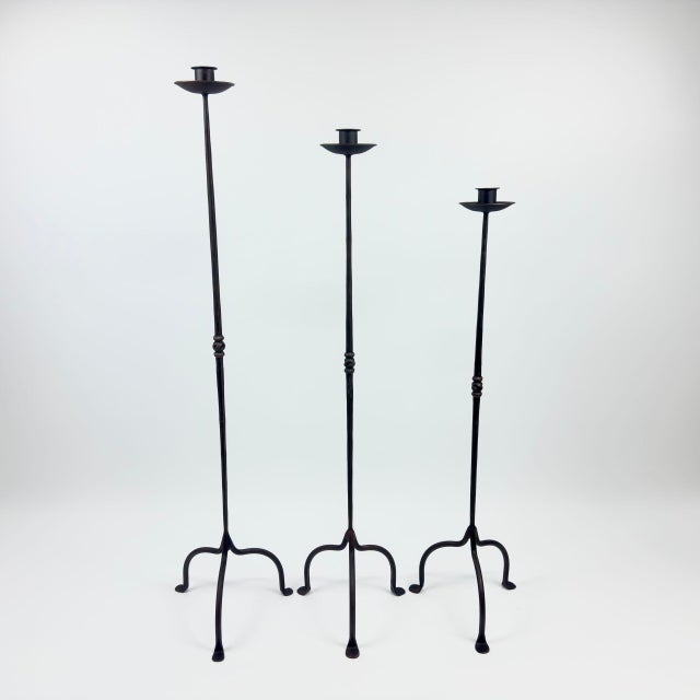 Hand Forged Iron Candelabra Set of 3 (94-114cm) Antique Copper Finish Twisted Stem with Simple Tripod Base For Sale - Image 6 of 6