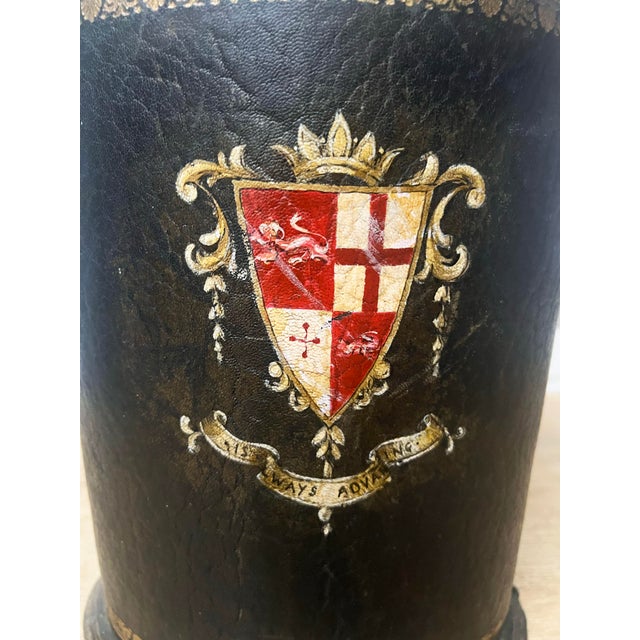 Wood Vintage Brown Leather Oval Waste Bin W/Royal Coat of Arms For Sale - Image 7 of 9