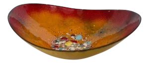 Small Red and Orange Vintage Splatter Painted Enamel on Copper Bowl