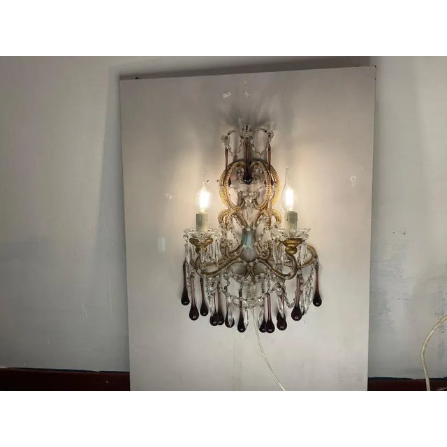 Gold Large Crystal Beaded Macaroni Murano Glass Sconces, 1950s, Set of 2 For Sale - Image 8 of 12