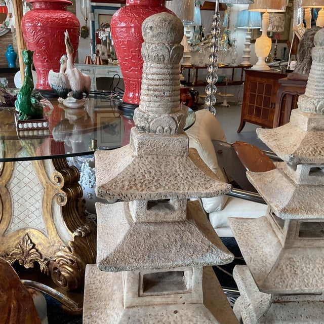 Vintage Matched Pair of Stone/Concrete Pagoda Garden Ornaments For Sale In West Palm - Image 6 of 7