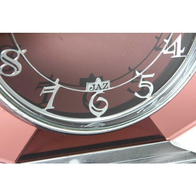 Original 1930's 8-Day Art Deco French Pink Glass Clock by Jaz For Sale - Image 4 of 11
