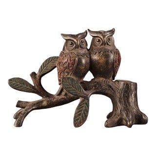 Bronze Figure of Two Owls Perched on a Tree Stump For Sale