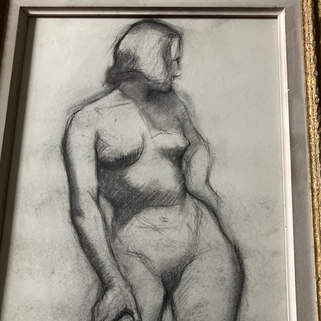 Art Deco 1930’s Original Art Deco Female Nude Charcoal Study Drawing Vintage French Style Carved Wood Frame For Sale - Image 3 of 5