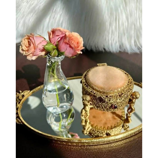 1960s Three Footed Cherub Round StyleBuilt Style Vintage Design Jewelry Casket/ Box With Pink Plush on the Top and Inside & Burgundy Red Stones Decoration For Sale - Image 5 of 11