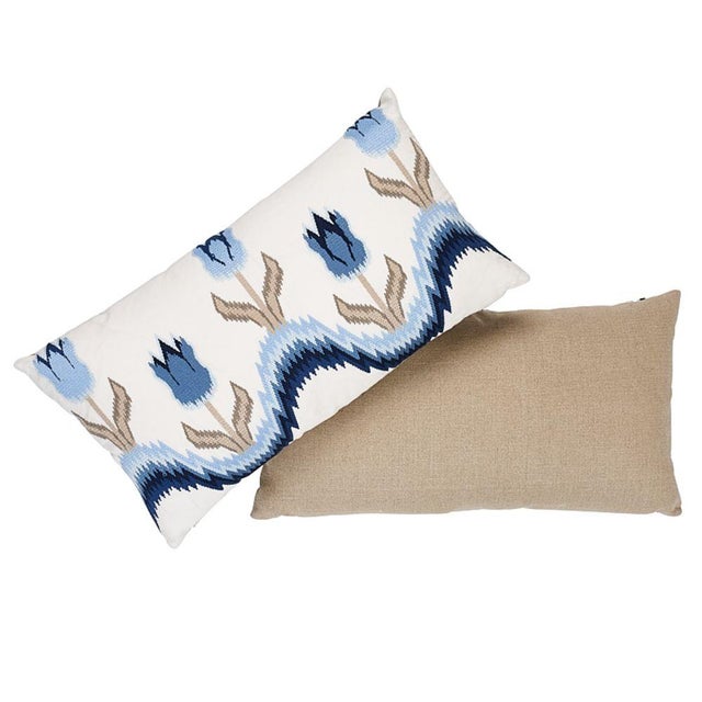 Boho Chic Schumacher Tulip Flamestitch Lumbar Pillow in Blue For Sale - Image 3 of 5