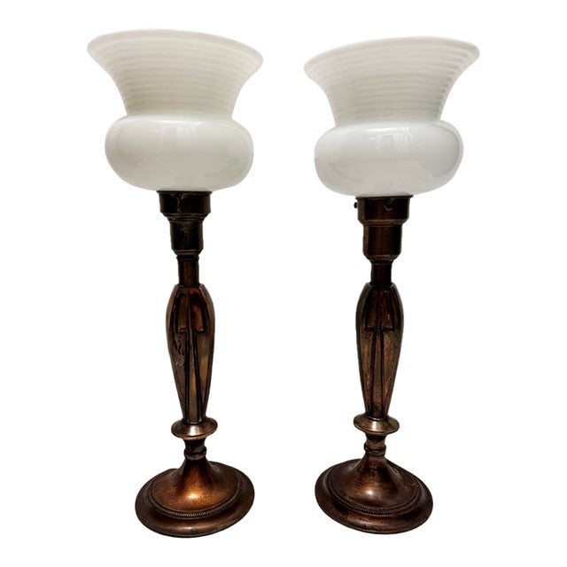 Vintage Colonial-Premier Co. Torchiere Table Lamps With Ribbed Milk Glass Shades - A Pair For Sale