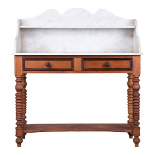 Antique Country French Provincial Pine Wash Table or Vanity W/ White Marble Top For Sale