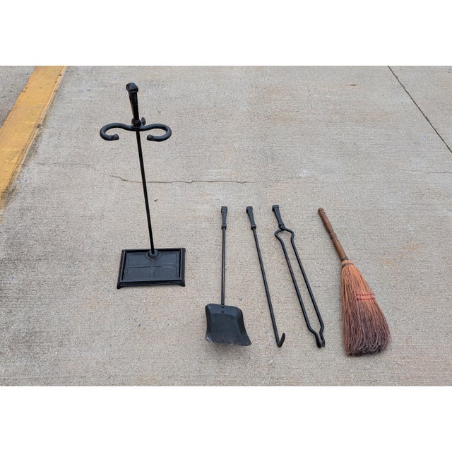 Metal Vintage 4 Piece Wrought Iron Fireplace Tool Set For Sale - Image 7 of 8