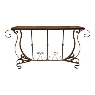 Vintage Mid Century Wrought Iron Console Sofa Table Sideboard With Glass Top For Sale