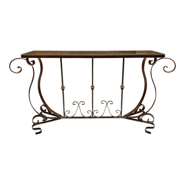 Vintage Mid Century Wrought Iron Console Sofa Table Sideboard With Glass Top For Sale