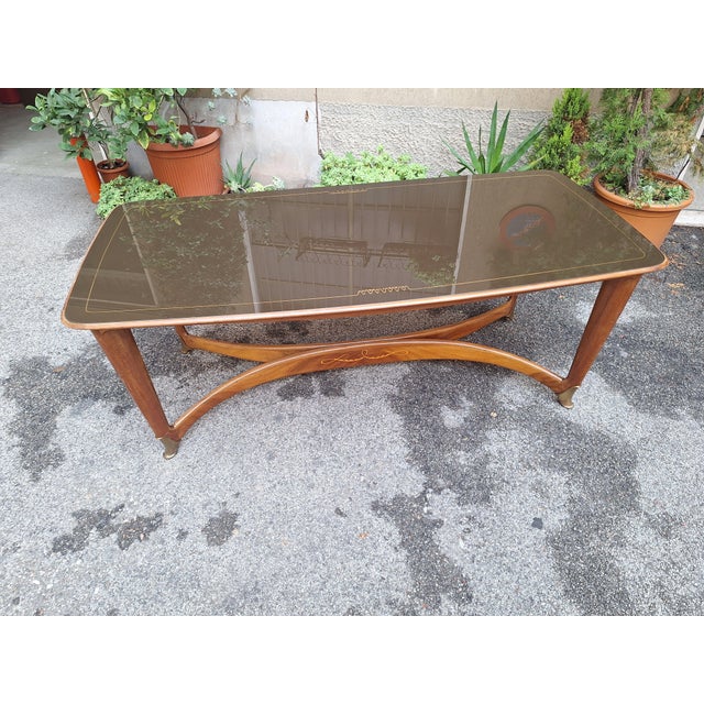Wooden Palazzi Dell'Arte Esposizione Dining Table with Brass Ends and Burgundy Glass from La Permanente Mobili Cantù, 1950s For Sale - Image 16 of 16