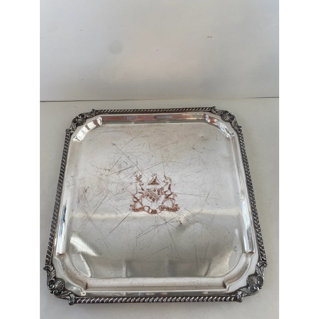 Antique Silverplate Bar Tray With Crest For Sale - Image 9 of 9