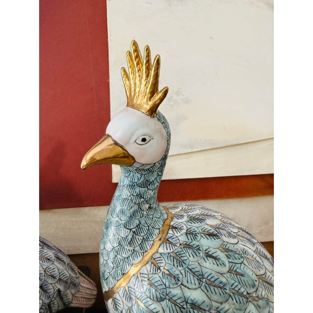 Chinoiserie Pair of Oversized Vintage Asian Export Porcelain Peacock Figures Hand Painted Macau Large Ceramic Birds For Sale - Image 3 of 11