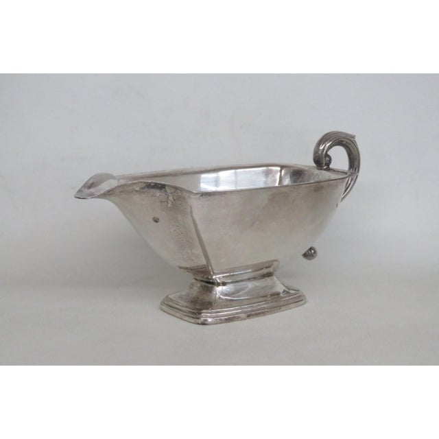 Mid 20th Century Metal Gravy Boat Silver Plated Sauce Serving Dish With Scrollwork Handle For Sale - Image 4 of 15