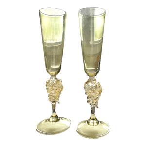 Vintage 1970s Signed Nason Moretti Murano Champagne Flutes With Grape Cluster Stems Gold Infused - A Pair