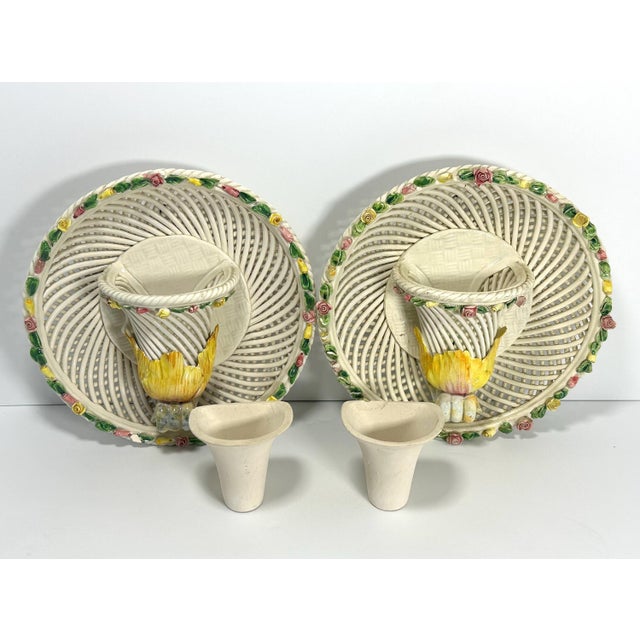 Pair of Italian Porcelain Pottery Woven Lattice Basketweave Wall Pockets for your consideration. Each wall pocket measures...