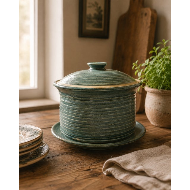 Beautiful vintage handmade studio pottery covered berry bowl or produce keeper with matching lid and saucer plate. This...