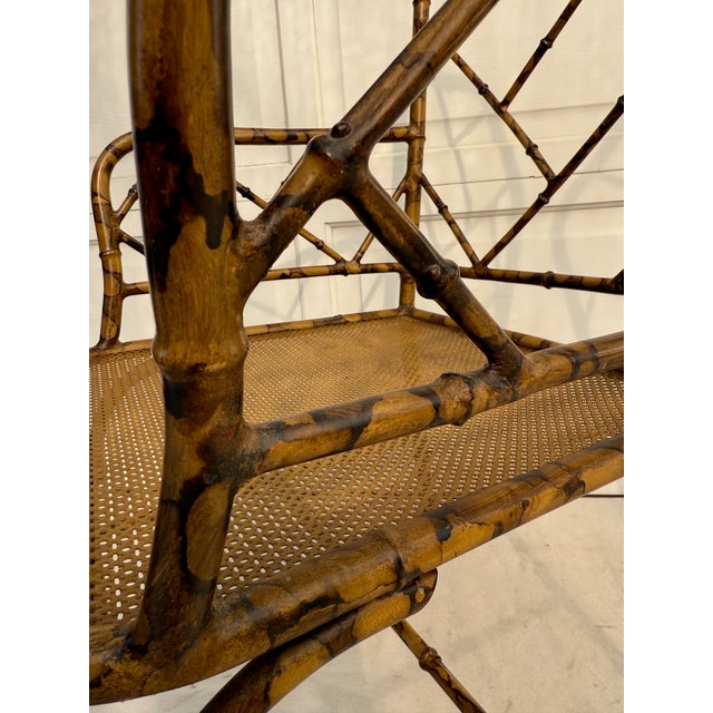 Pair of Mid-20th Century Faux Bamboo Metal Indoor/Outdoor Armchairs With Burnt Bamboo Tortoiseshell Finish For Sale - Image 14 of 16