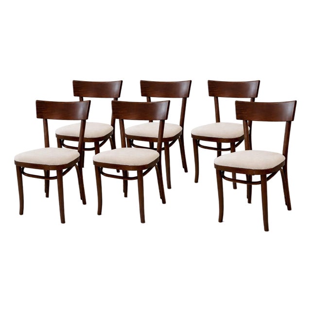 Late 20th Century Set of Six Mid-Century Modern Solid Wood Dining Chairs With New Neutral Upholstery For Sale