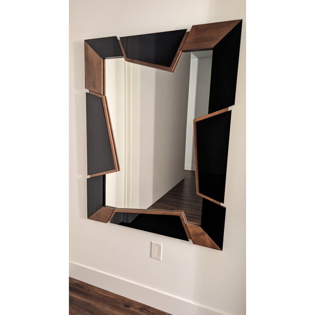 Modern Walnut & Black Glass Mirror For Sale In San Diego - Image 6 of 6