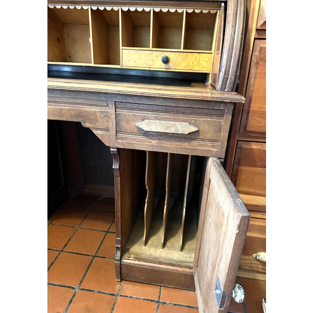 Early 20th Century Antique Walnut Roll Top Desk, Many Drawers & Cubby Holes, Leather Mat For Sale - Image 5 of 12