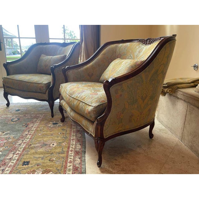 French Pair of Henredon Bergere Chairs Louis XVI Style Soft Green For Sale - Image 3 of 9