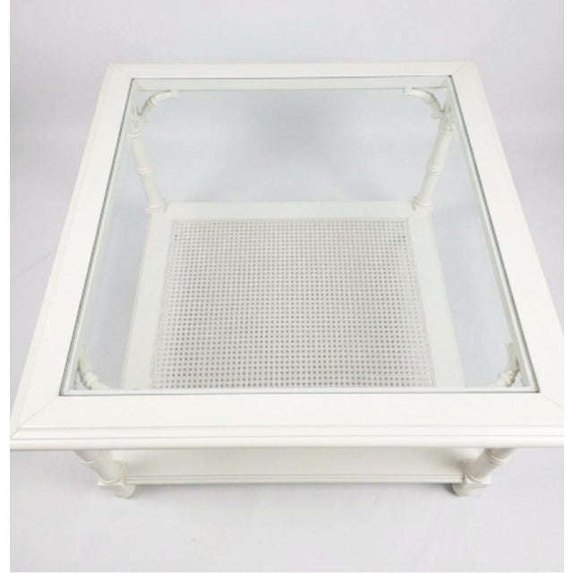 Vintage Faux Bamboo Regency Oversized White Glass Top Cane Bottom Shelf Square Side Coffee Tables- a Pair For Sale In West Palm - Image 6 of 11