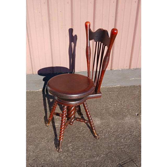 Victorian 1890s Antique Quarter Sawn Oak High Back Organ Stool With Claw Feet Chase Parker Meriden For Sale - Image 3 of 18