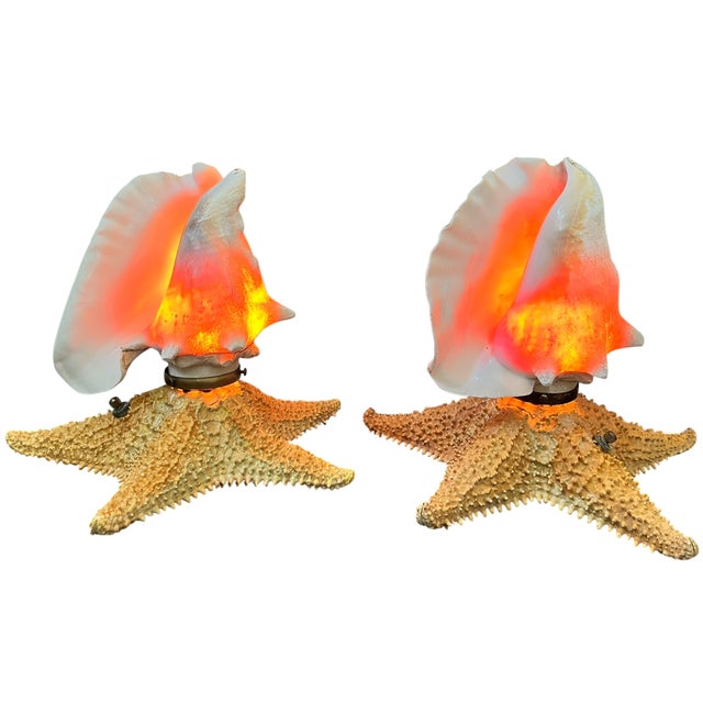 Vintage Natural Conch Shell & Starfish Coastal Table Lamps - a Pair For Sale - Image 9 of 18