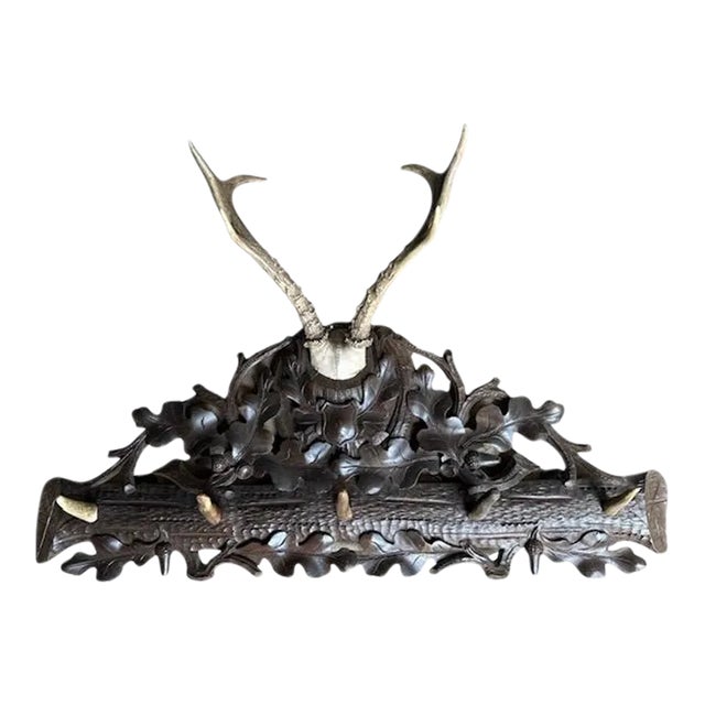 Early 20th Century Black Forest Wood Carved Antler Rack For Sale