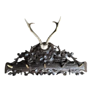 Early 20th Century Black Forest Wood Carved Antler Rack