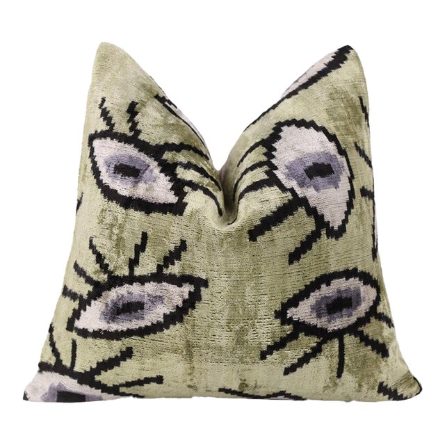 Handmade Evil Eye Silk Velvet Pillow – 16x16 Green & Black Cushion For Sale
