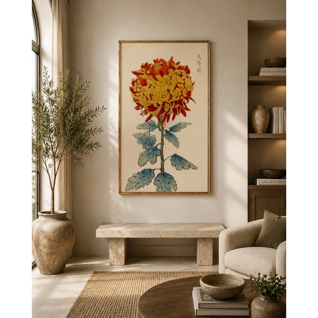 Paper Asian Red Mum by Hasegawa, Vintage Japanese Botanical Art Print, 36" X 54" For Sale - Image 7 of 9