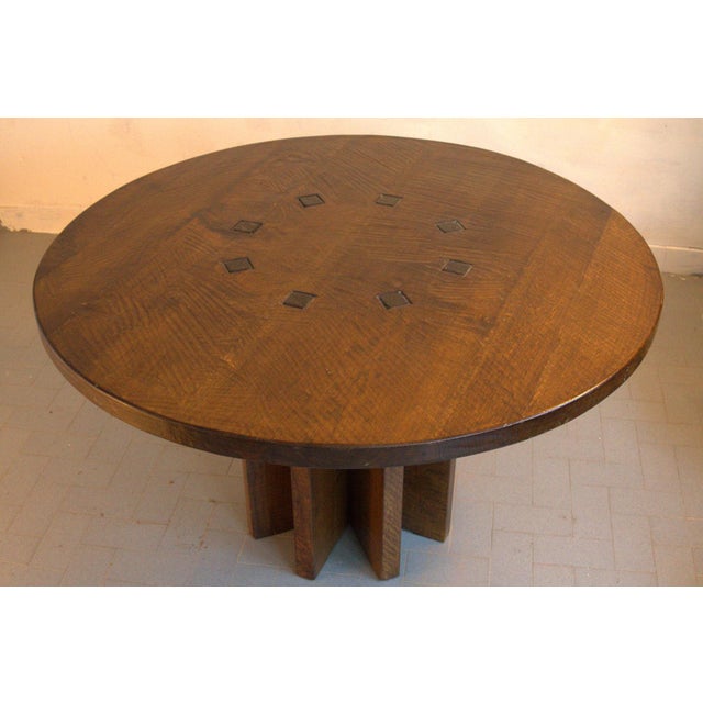 Brown Early Oak Dining Table with Diamond-Carved Chairs by Giuseppe Rivadossi, 1979, Set of 5 For Sale - Image 8 of 9