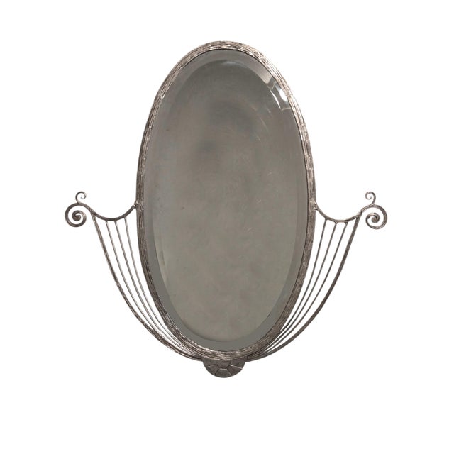 French Art Deco Hand Wrought Nickeled Iron Oval Mirror W/ Linear & Scroll Detail For Sale - Image 12 of 16